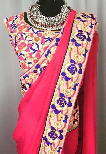 plain saree with kutch work blouse