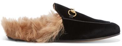 Ladies Leather Flat Fur Mules