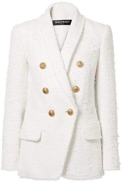 White Double Breasted Tweed Blazer