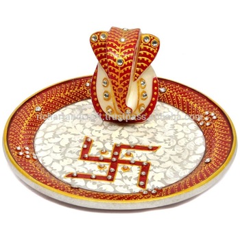 Jaipur Art Craft Gallery Hindu God Puja Ganesha Marble Pooja Thali Plate