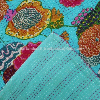 Turquoise Color KANTHA FLORAL COTTON BEDSPREAD BLANKET