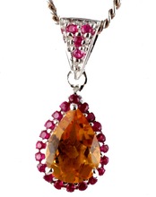 Ruby and citrine rhodium plated pendant, Occasion : Gift