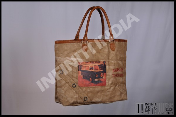 leather handle washed canvas tote bag