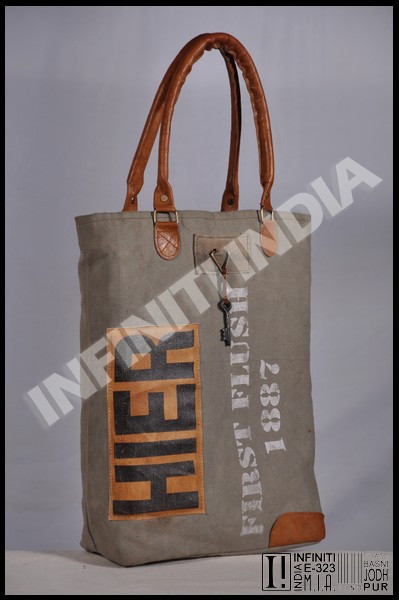 PRINTED CANVAS LEATHER PATCH WORK TOTE BAG