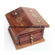Wooden Hut Shape Brass Inlay Coaster Set