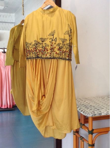 Printed Mustard Crop Top Skirt, Size : L