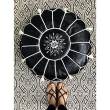 Black Moroccan Leather Pouf with stitching