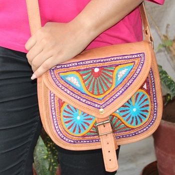 Aryan Exports Embroidery Leather sling Bags Size L 9 H 7 W