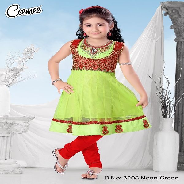 Girls Cotton Neon Green Dress, Style : Casual