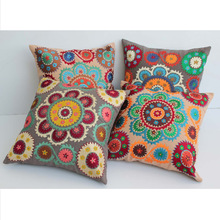 Square eco-friendly suzani embroidered cotton cushion cover, Color : Multi
