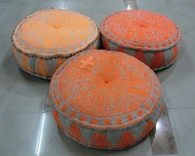 embroidered cotton round pouf
