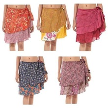 Indian Crepe Silk Sari Skirt Reversible Double layer Mini Beach Skirt Wholesale 24 Inch