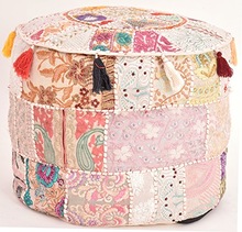 Indian Vintage Old Saree Cotton Handmade Pouf Ottoman Embroidery Pouf