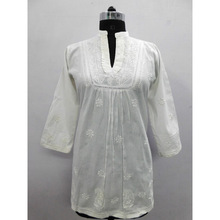 100% Cotton White Tunic Top Blouse, Technics : Embroidered