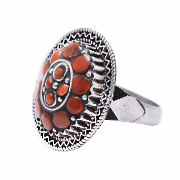 Coral Gemstone Oxidised Silver Floral Ring