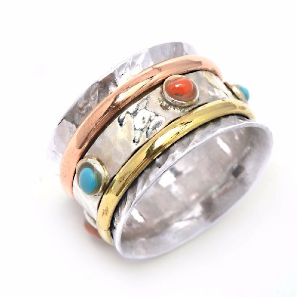 Silver Coral Turquoise Gemstone Band Ring, Gender : Men's, Unisex, Women's