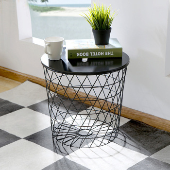 Iron Black Wooden Top wire Mesh basket Side table
