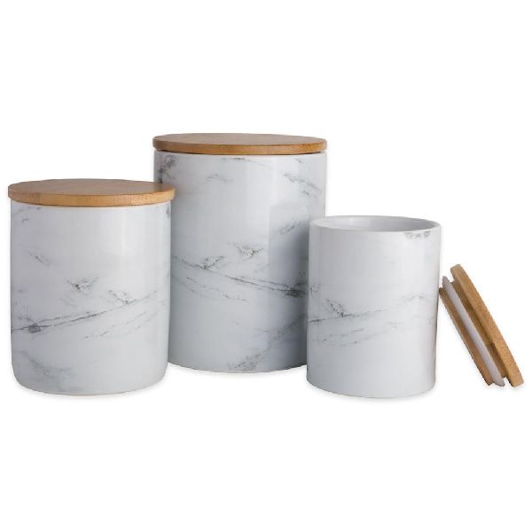 Marble fancy tea coffee sugar canisters Set of 3 pieces with wooden Lid