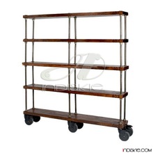 Wooden Industrial Bookshelf With Wheels, Color : Natural