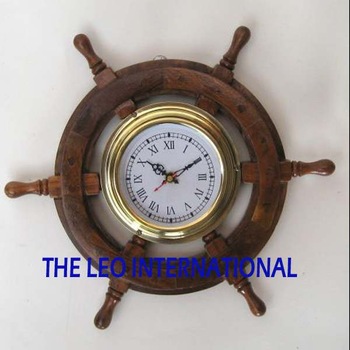 Decorative Nautical ship wooden wheel with clock