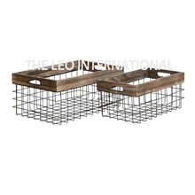 metal wire square wooden border basket