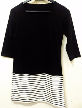 COTTON MONOCHROME STRIPES TOP, Sleeve Style : 3/4 SLEEVE