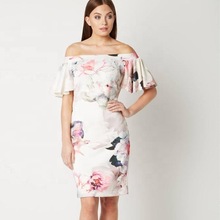 Bardot Shoulder Short Frill Sleeve Women\'s Clothing Dress