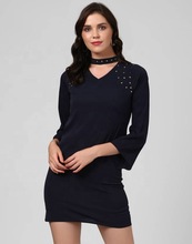 Black Flared Sleeve Embellished Knee Length Dress