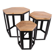 Wood and iron Side table set, Color : BLACK / NATURAL