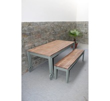 wood and metal movable with wheel dinning bench table