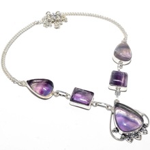 925 Sterling Silver Purple Fluorite Gemstone Necklace, Necklaces Type : Chains