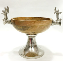 Footed Wooden Bowl with Deer handle, Size : 26*33 cms