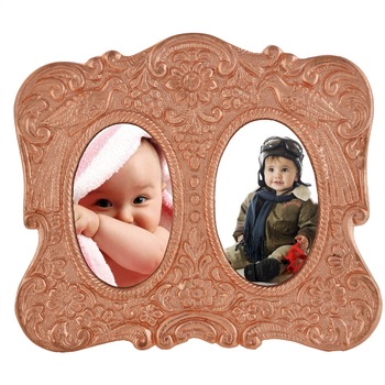 Antique Look Handcrafted Peacock Double Photo Frame Copper