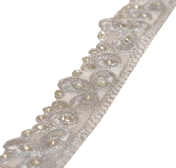 Hand Beaded Bridal Dress Border 1 YD Trim Ribbon Silver Craft Lace