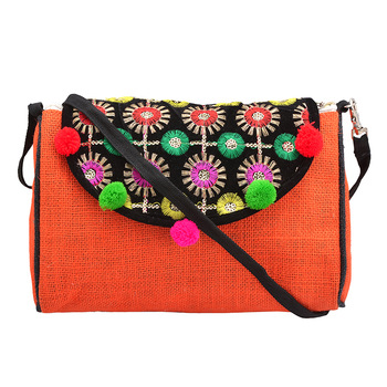 Handbag Jute Embroidered Sling Bag