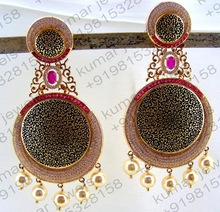 CZ Stone Pink Ruby Color Pearl Beaded Exclusive Stunning Hangings Earrings