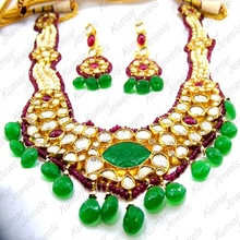 Gold Plated Pearl Beaded Kundan Ruby Green Stone Necklace Set