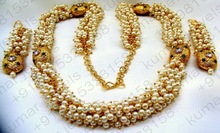 Pearl Beaded Golden CZ Necklace Set, Gender : Women's