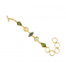 Aqua crackle glass and hydro quartz gemstone gold plated link chain bracelet