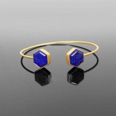 Lapis lazuli hexagon gemstone gold plated adjustable bezel set bangle