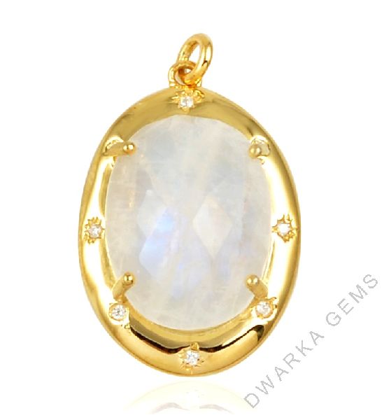 Rainbow moonstone with CZ studded gemstone sterling silver pendant