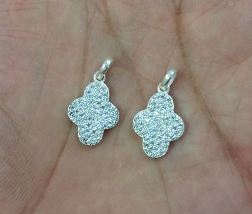 Silver Plated 15x12mm Clover Shape Pave CZ Set Charm Pendant Jewelry Charms