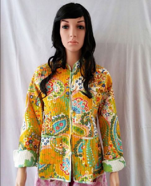 Reversible 100 % Cotton Designer Floral Kantha Jacket, Color : Yellow