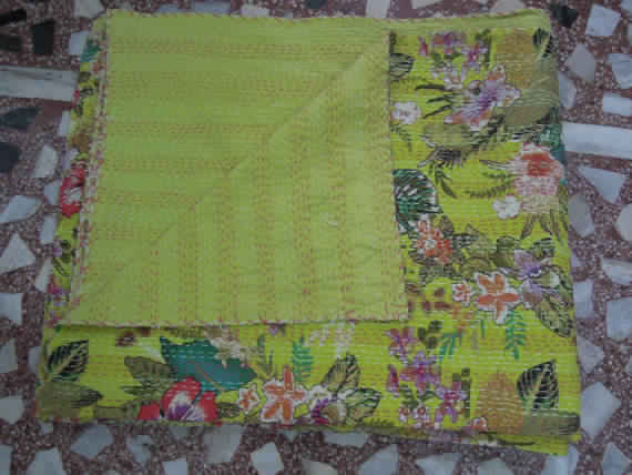 Reversible Bird Print Vintage Kantha Quilt