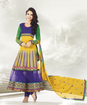 Exclusive designer anarkali in yellow and blue