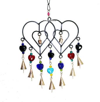 Twin heart-shaped wind chime metal craft, Color : Black
