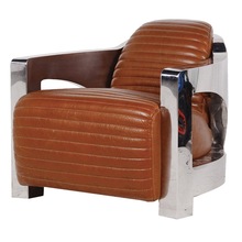 Brown leather Chrome Armchair, Style : Aviator