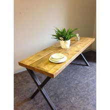 Vintage rustic Dining Table X-Frame Steel Legs