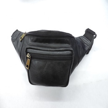 Genuine Leather Black Expandable Waist Bag For Unisex