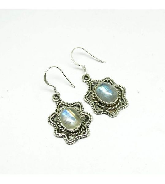 925 Sterling Silver Jewelry !! Rainbow Moonstone Gemstone Silver Earring